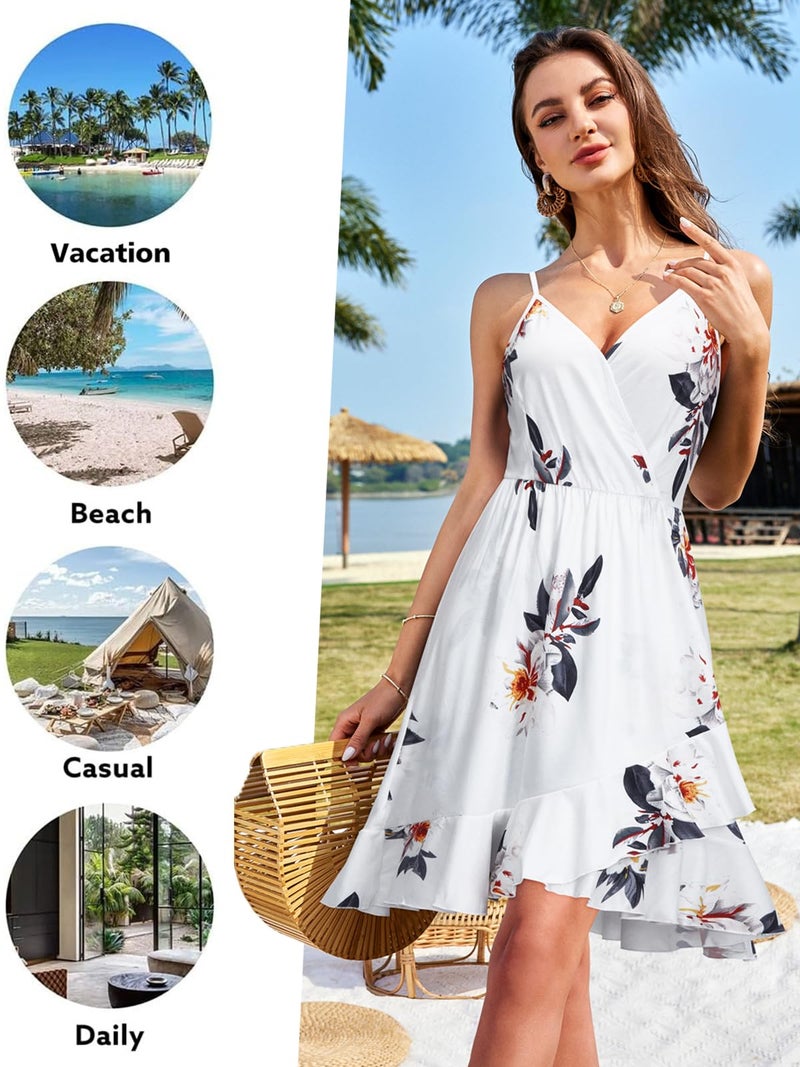 ULTRANICE Womens Summer Dresses Sundresses Spring Trendy White Floral Flowy Wrap Casual Beach Wedding Guest Vestidos Vacation Outfits Clothes V Neck Spaghetti Strap Midi Dress(White Floral,XXL) - Image 4